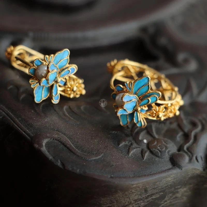 Cloisonne Lotus Retro Filigree Winding Earrings Designer Unique