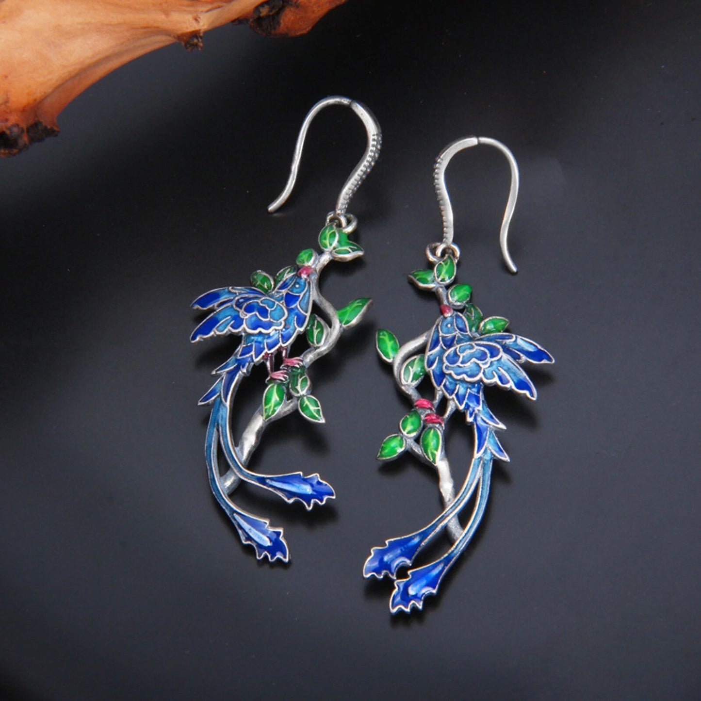 S925 Sterling Silver Colorful Enamel Peacock Earrings Cloisonne Craft Earrings
