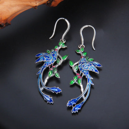 S925 Sterling Silver Colorful Enamel Peacock Earrings Cloisonne Craft Earrings