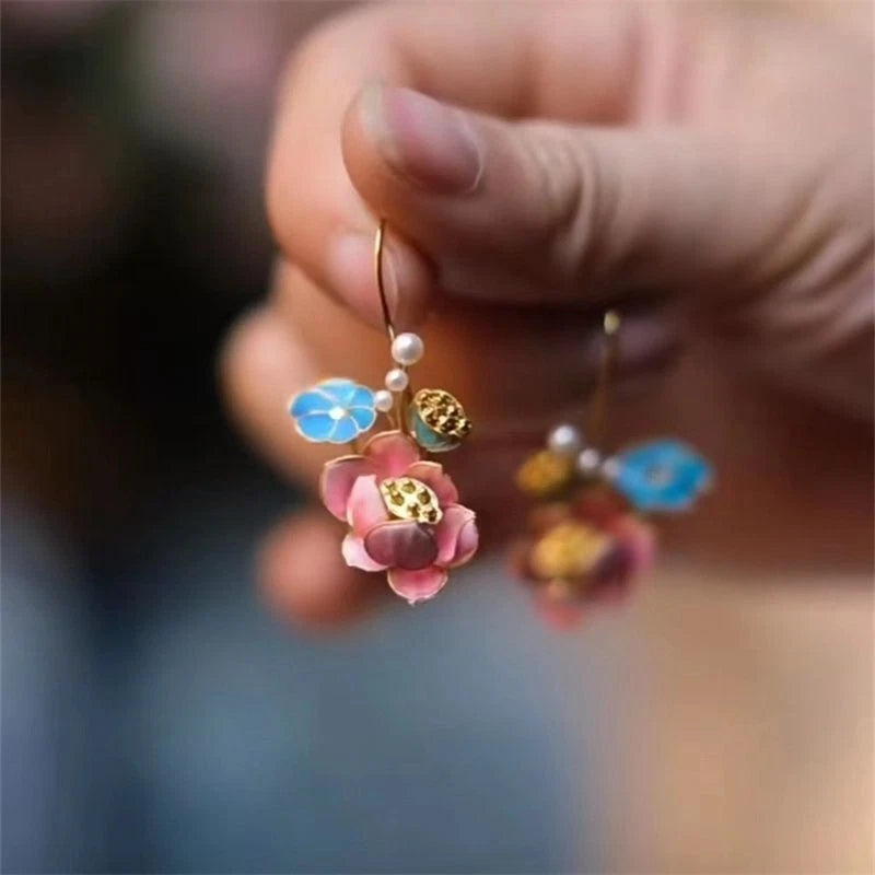 Lotus Earrings Imitation Pearl Drop Chinese Vintage Floral Jewelry Women