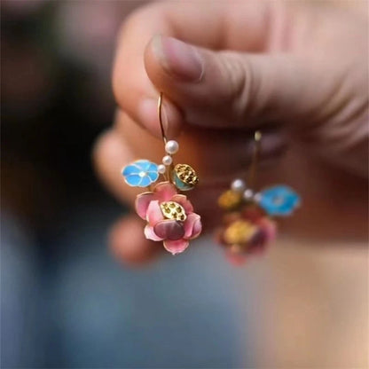 Lotus Earrings Imitation Pearl Drop Chinese Vintage Floral Jewelry Women