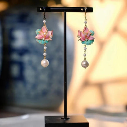 Retro Ethnic Fine Silk Lotus Pearl Earrings Chinese Ladies Party Gift Jewelry