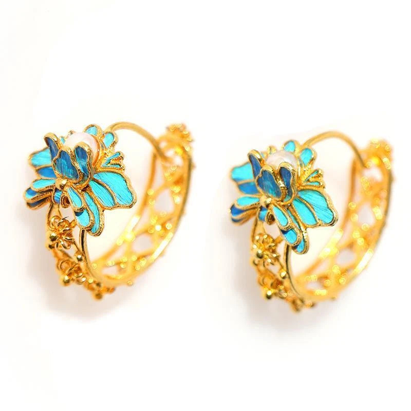 Cloisonne Lotus Retro Filigree Winding Earrings Designer Unique