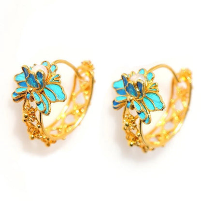 Cloisonne Lotus Retro Filigree Winding Earrings Designer Unique