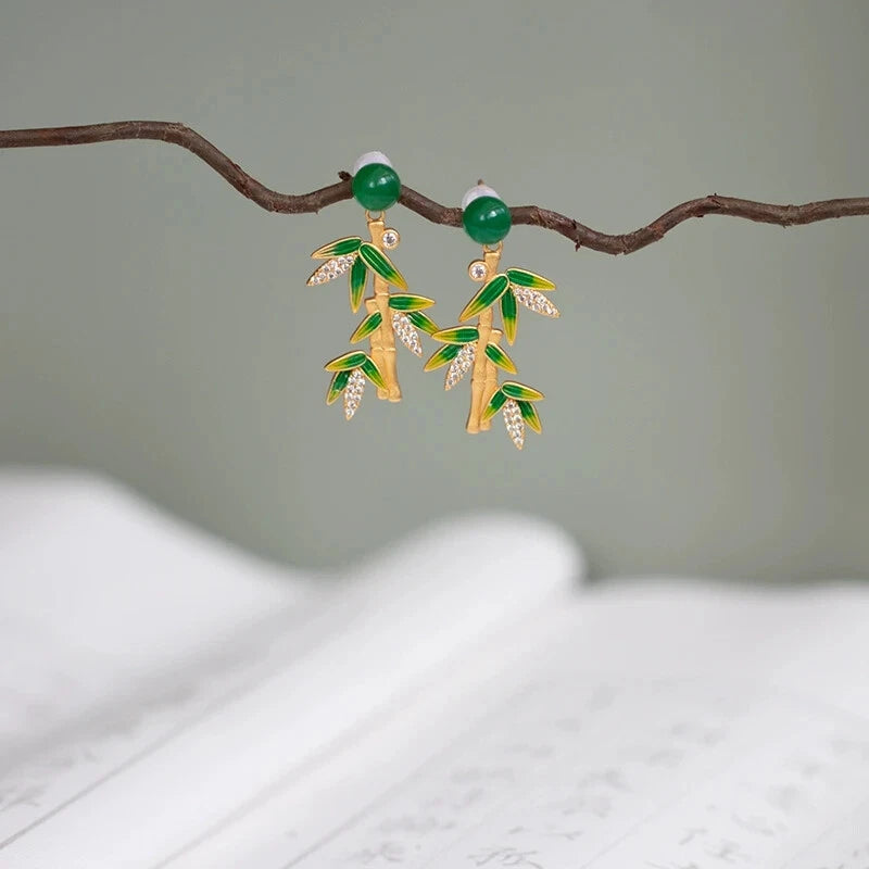 925 Silver Plated Cloisonne Ethnic Bamboo Earrings Tassel Dangle Drop Jewelry