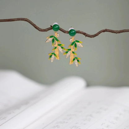 925 Silver Plated Cloisonne Ethnic Bamboo Earrings Tassel Dangle Drop Jewelry