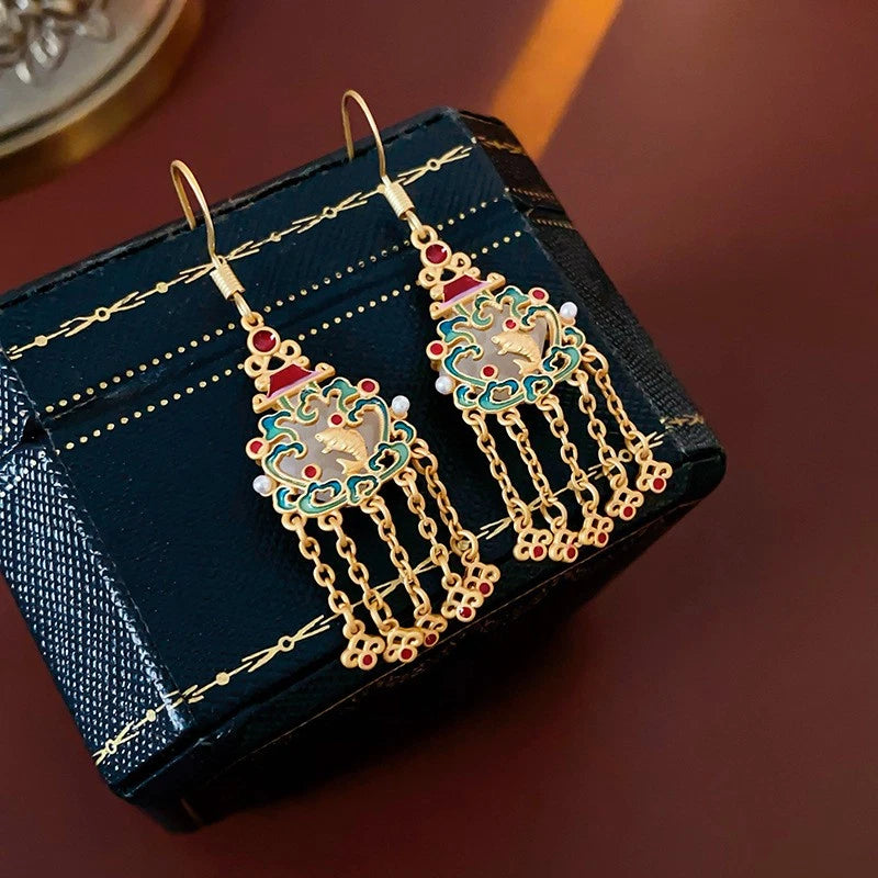 18K Gold Plated Cloisonne Drop Dangle Earrings Ethnic Tassel Hook Chinese style