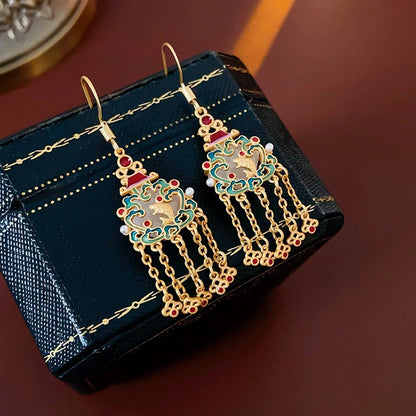 18K Gold Plated Cloisonne Drop Dangle Earrings Ethnic Tassel Hook Chinese style