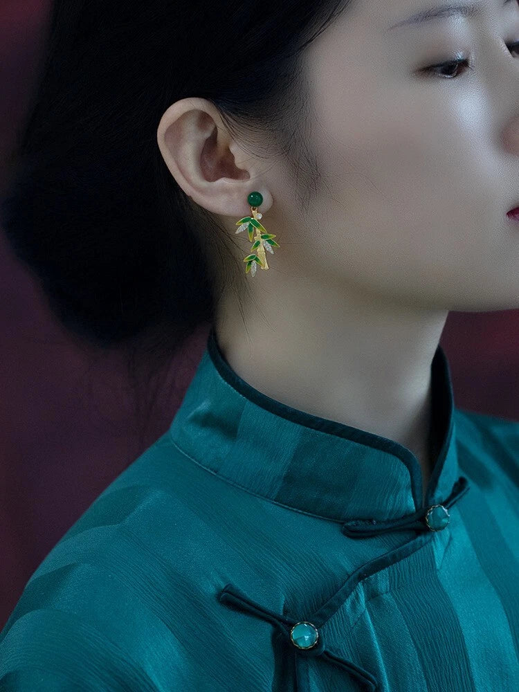 925 Silver Plated Cloisonne Ethnic Bamboo Earrings Tassel Dangle Drop Jewelry