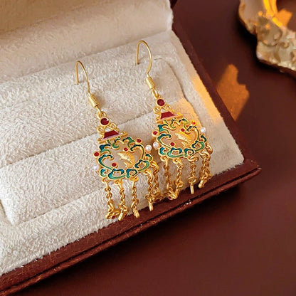 18K Gold Plated Cloisonne Drop Dangle Earrings Ethnic Tassel Hook Chinese style