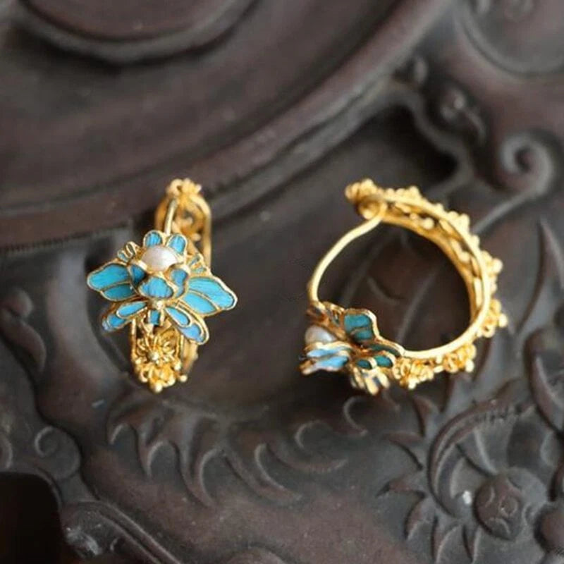 Cloisonne Lotus Retro Filigree Winding Earrings Designer Unique