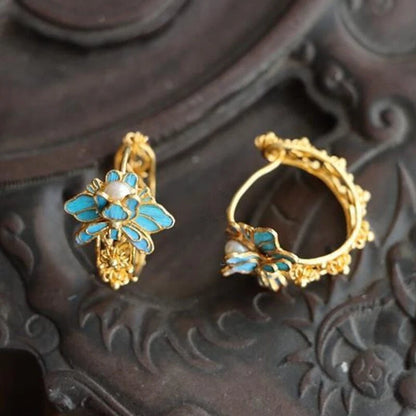 Cloisonne Lotus Retro Filigree Winding Earrings Designer Unique