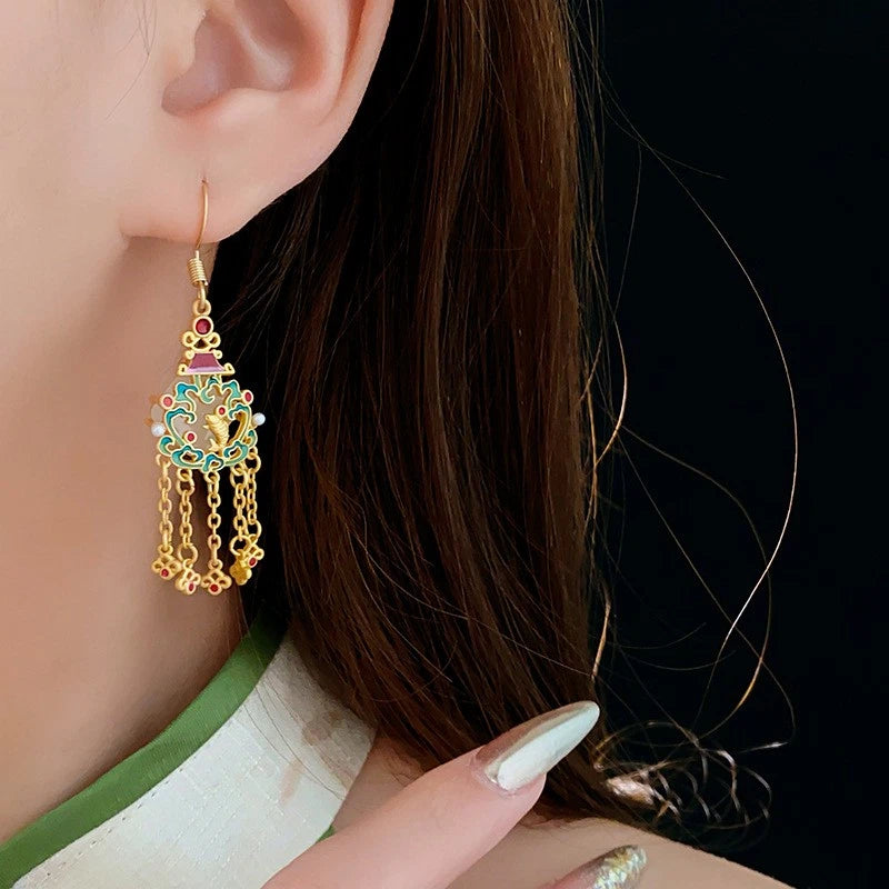 18K Gold Plated Cloisonne Drop Dangle Earrings Ethnic Tassel Hook Chinese style