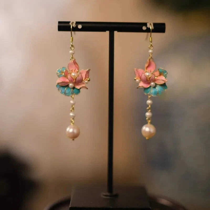 Retro Ethnic Fine Silk Lotus Pearl Earrings Chinese Ladies Party Gift Jewelry