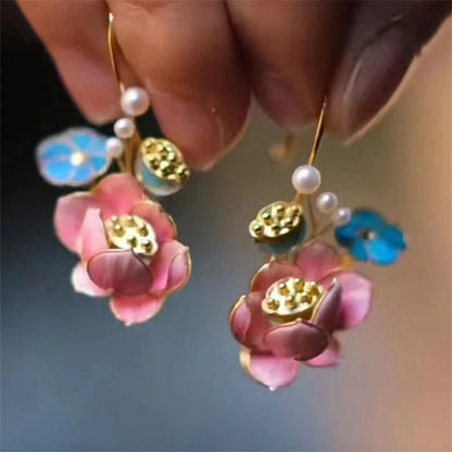 Lotus Earrings Imitation Pearl Drop Chinese Vintage Floral Jewelry Women