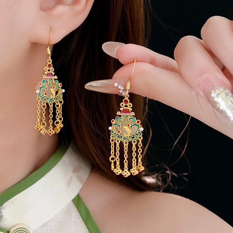18K Gold Plated Cloisonne Drop Dangle Earrings Ethnic Tassel Hook Chinese style