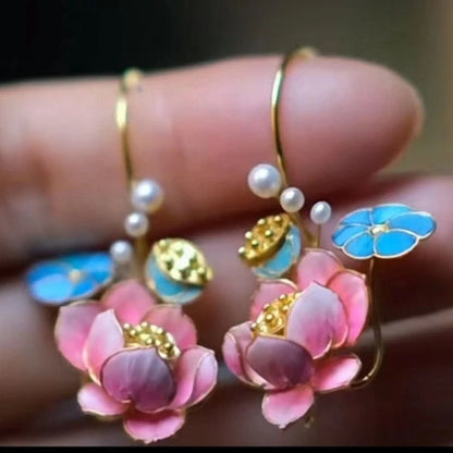 Lotus Earrings Imitation Pearl Drop Chinese Vintage Floral Jewelry Women