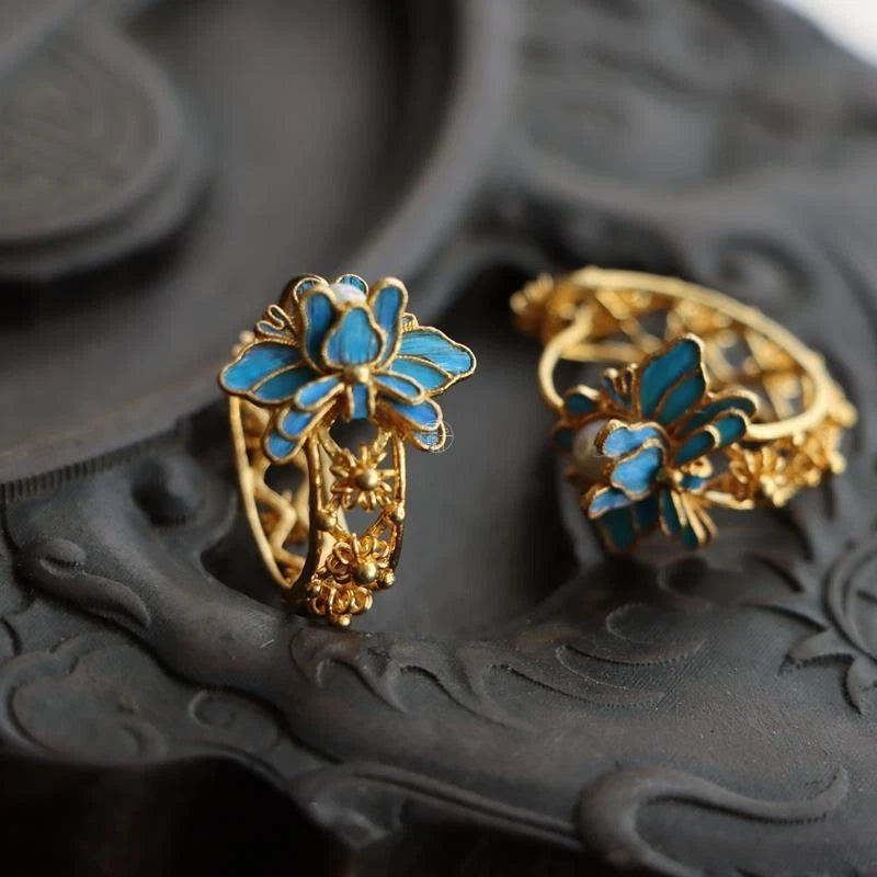Cloisonne Lotus Retro Filigree Winding Earrings Designer Unique