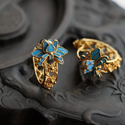 Cloisonne Lotus Retro Filigree Winding Earrings Designer Unique
