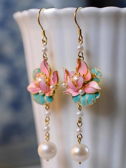 Retro Ethnic Fine Silk Lotus Pearl Earrings Chinese Ladies Party Gift Jewelry