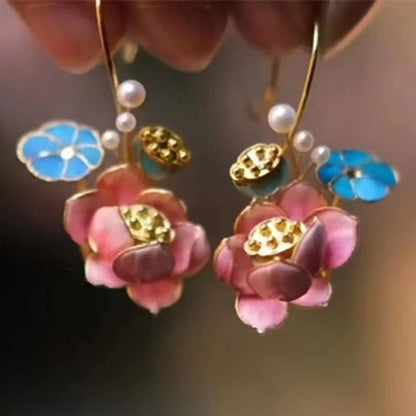 Lotus Earrings Imitation Pearl Drop Chinese Vintage Floral Jewelry Women