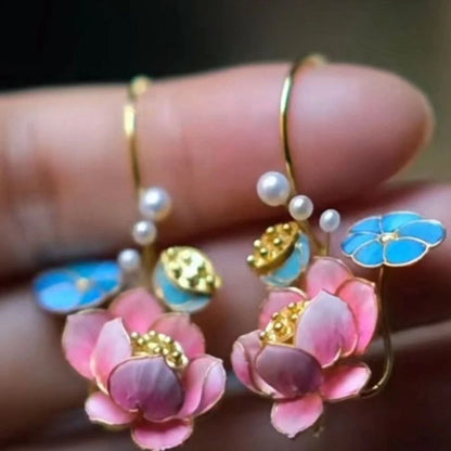 Lotus Earrings Imitation Pearl Drop Chinese Vintage Floral Jewelry Women