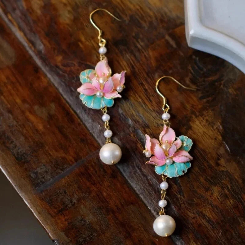 Retro Ethnic Fine Silk Lotus Pearl Earrings Chinese Ladies Party Gift Jewelry