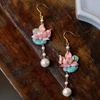 Retro Ethnic Fine Silk Lotus Pearl Earrings Chinese Ladies Party Gift Jewelry