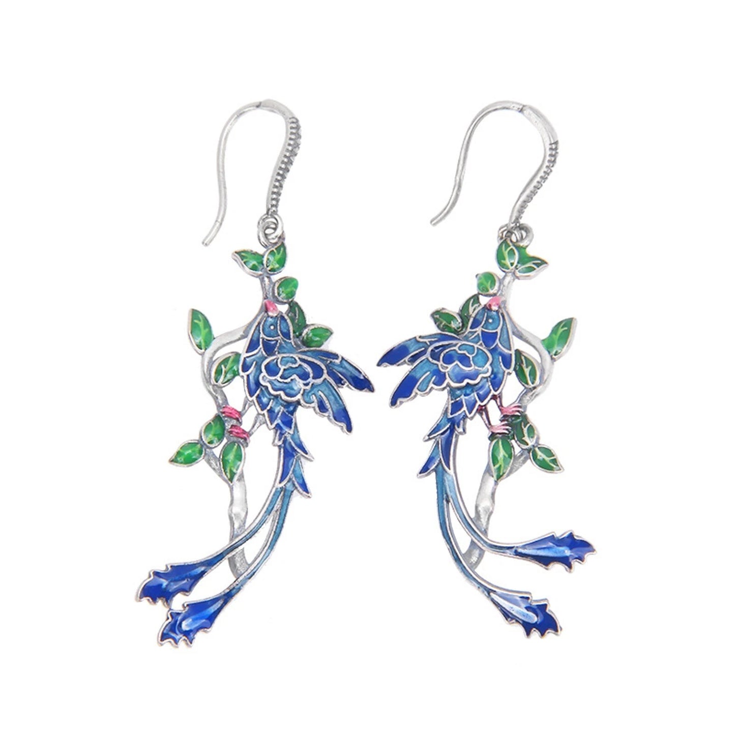 S925 Sterling Silver Colorful Enamel Peacock Earrings Cloisonne Craft Earrings