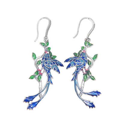 S925 Sterling Silver Colorful Enamel Peacock Earrings Cloisonne Craft Earrings