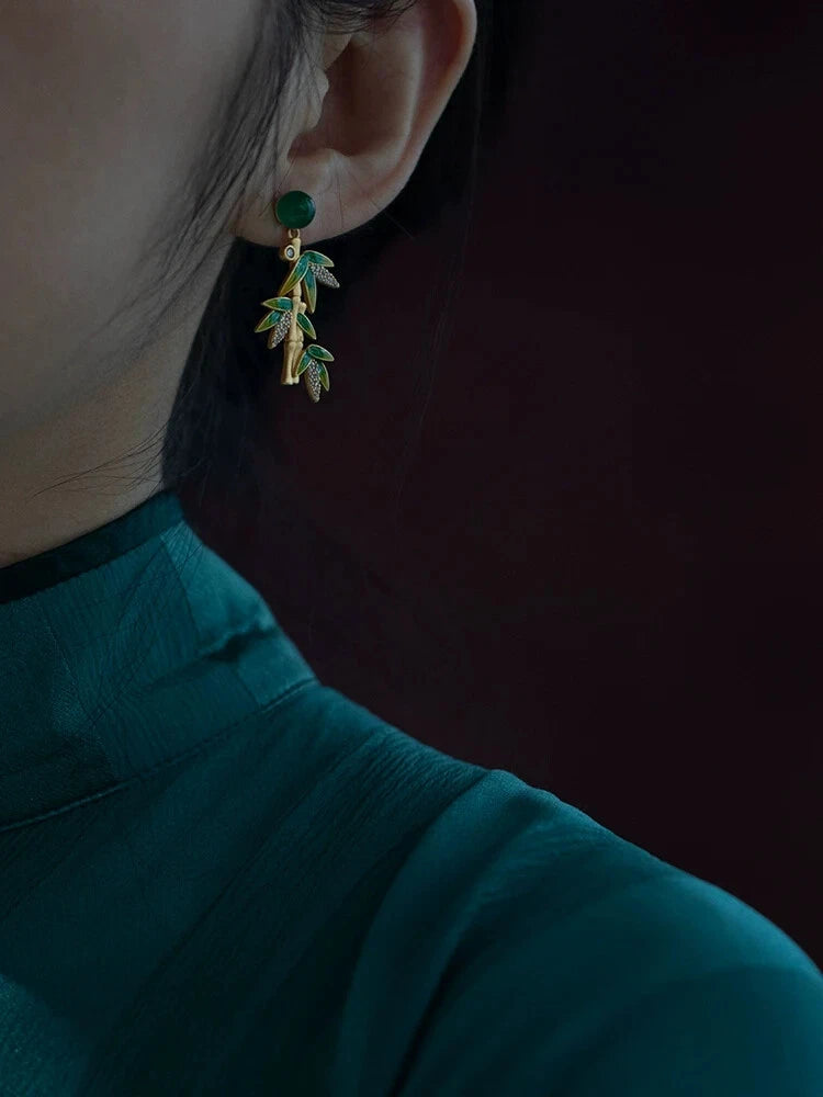 925 Silver Plated Cloisonne Ethnic Bamboo Earrings Tassel Dangle Drop Jewelry