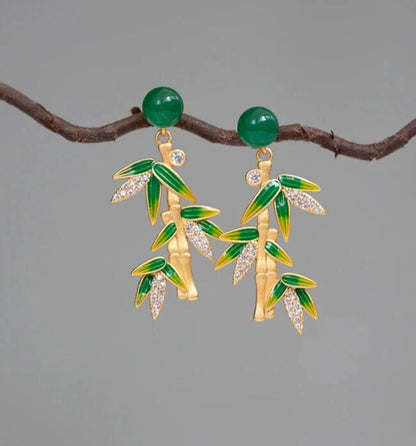 925 Silver Plated Cloisonne Ethnic Bamboo Earrings Tassel Dangle Drop Jewelry