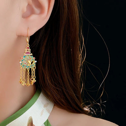 18K Gold Plated Cloisonne Drop Dangle Earrings Ethnic Tassel Hook Chinese style