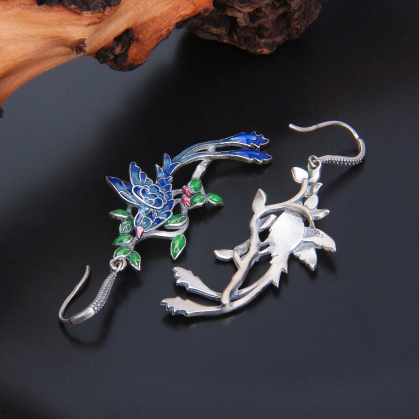 S925 Sterling Silver Colorful Enamel Peacock Earrings Cloisonne Craft Earrings