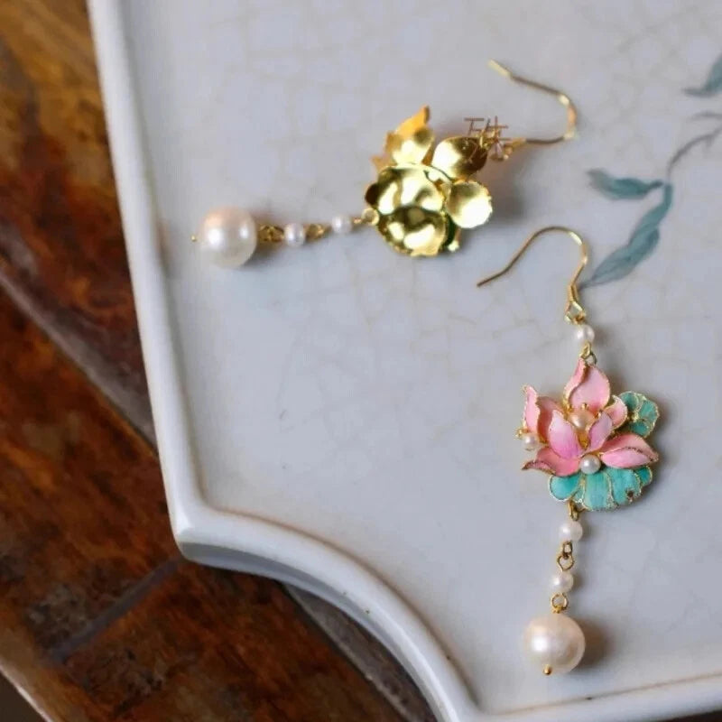 Retro Ethnic Fine Silk Lotus Pearl Earrings Chinese Ladies Party Gift Jewelry